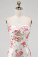 Laden Sie das Bild in den Galerie-Viewer, Glitzerndes Sweetheart Weißes Keyhole Bodycon Blumen Pailletten Kurzes Abendkleid mit Schnürung