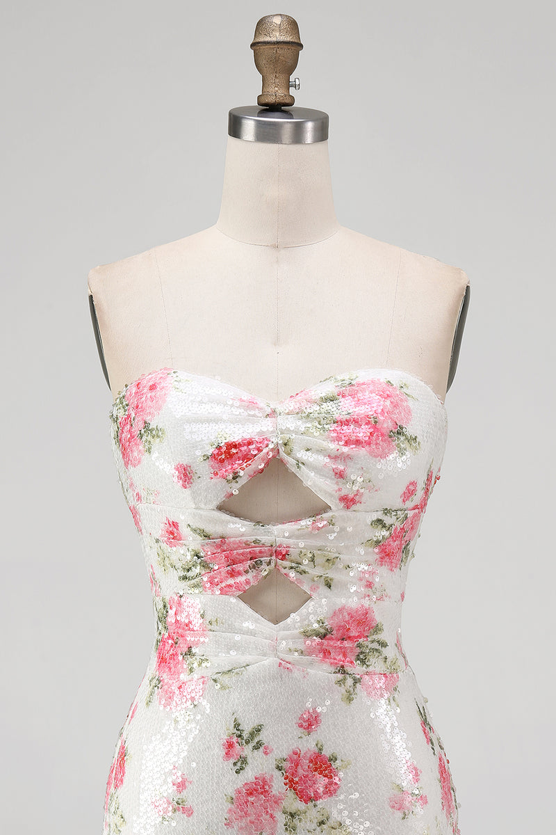 Laden Sie das Bild in den Galerie-Viewer, Glitzerndes Sweetheart Weißes Keyhole Bodycon Blumen Pailletten Kurzes Abendkleid mit Schnürung
