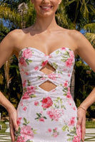 Laden Sie das Bild in den Galerie-Viewer, Glitzerndes Sweetheart weißes Keyhole-Bodycon-Blumenpailletten-Homecoming-Kleid mit Spitze auf dem Rücken