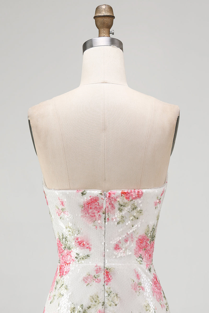 Laden Sie das Bild in den Galerie-Viewer, Glitzerndes Sweetheart Weißes Keyhole Bodycon Blumen Pailletten Kurzes Abendkleid mit Schnürung