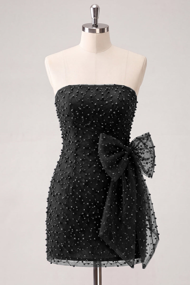 Laden Sie das Bild in den Galerie-Viewer, Marineblaues, trägerloses, mit Perlen besetztes, enges Spitzen-Hinten-Kurzes Homecoming-Kleid mit Schleife