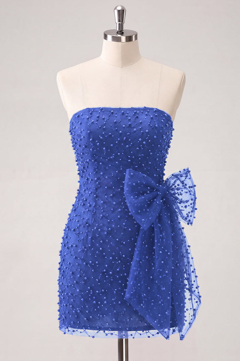 Laden Sie das Bild in den Galerie-Viewer, Marineblaues, trägerloses, mit Perlen besetztes, enges Spitzen-Hinten-Kurzes Homecoming-Kleid mit Schleife