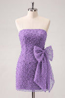 Laden Sie das Bild in den Galerie-Viewer, Marineblaues, trägerloses, mit Perlen besetztes, enges Spitzen-Hinten-Kurzes Homecoming-Kleid mit Schleife