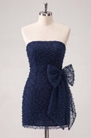 Laden Sie das Bild in den Galerie-Viewer, Marineblaues Trägerloses Perlen Besetztes Enges Schnürung Kurzes Abendkleid mit Schleife