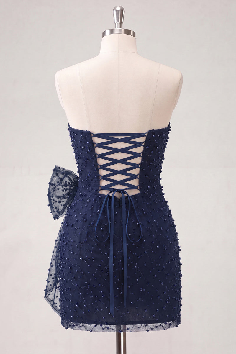 Laden Sie das Bild in den Galerie-Viewer, Marineblaues Trägerloses Perlen Besetztes Enges Schnürung Kurzes Abendkleid mit Schleife