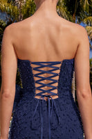 Laden Sie das Bild in den Galerie-Viewer, Marineblaues Trägerloses Perlen Besetztes Enges Schnürung Kurzes Abendkleid mit Schleife