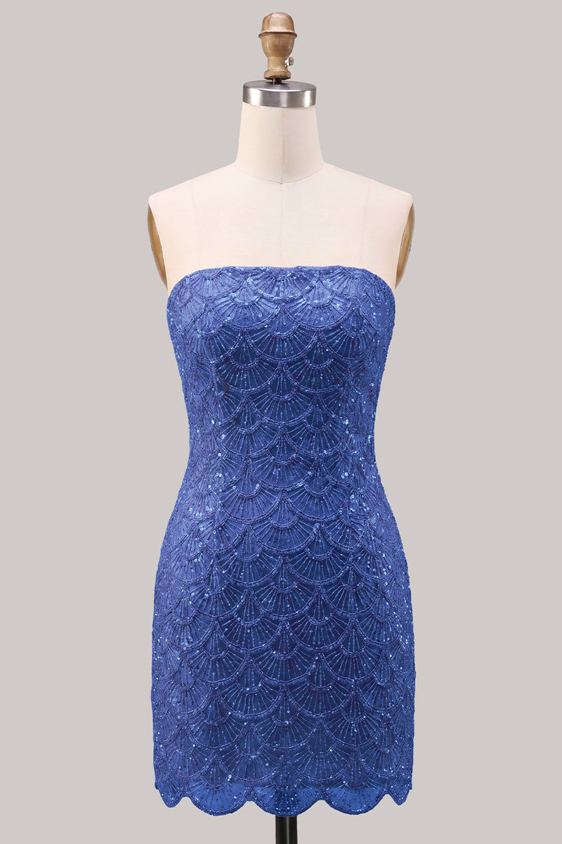 Laden Sie das Bild in den Galerie-Viewer, Trägerloses, pinkes, enges Blumenmuster mit Spitze hinten, kurzes Homecoming-Kleid mit Schnürung hinten