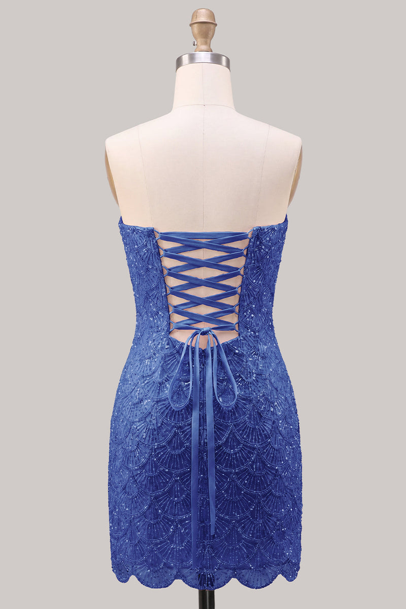Laden Sie das Bild in den Galerie-Viewer, Trägerloses, pinkes, enges Blumenmuster mit Spitze hinten, kurzes Homecoming-Kleid mit Schnürung hinten