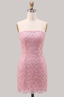 Laden Sie das Bild in den Galerie-Viewer, Trägerloses, pinkes, enges Blumenmuster mit Spitze hinten, kurzes Homecoming-Kleid mit Schnürung hinten