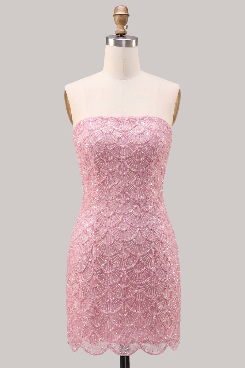 Laden Sie das Bild in den Galerie-Viewer, Trägerloses, pinkes, enges Blumenmuster mit Spitze hinten, kurzes Homecoming-Kleid mit Schnürung hinten