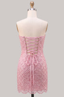 Laden Sie das Bild in den Galerie-Viewer, Trägerloses, pinkes, enges Blumenmuster mit Spitze hinten, kurzes Homecoming-Kleid mit Schnürung hinten