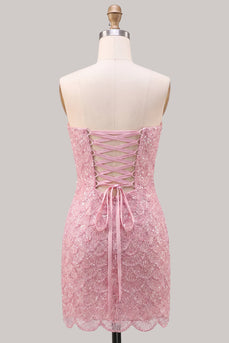 Trägerloses Rosa Enges Blumenmuster Kurzes Abendkleid mit Schnürung hinten