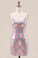 Laden Sie das Bild in den Galerie-Viewer, Glitzernde rosa Spaghettiträger, Pailletten, Bodycon Homecoming-Kleid mit Schleife