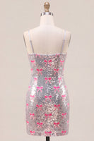 Laden Sie das Bild in den Galerie-Viewer, Glitzernde rosa Spaghettiträger, Pailletten, Bodycon Homecoming-Kleid mit Schleife