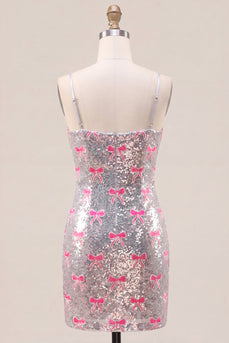 Glitzernde Rosa Spaghettiträger Pailletten Bodycon Kurzes Abendkleid mit Schleife