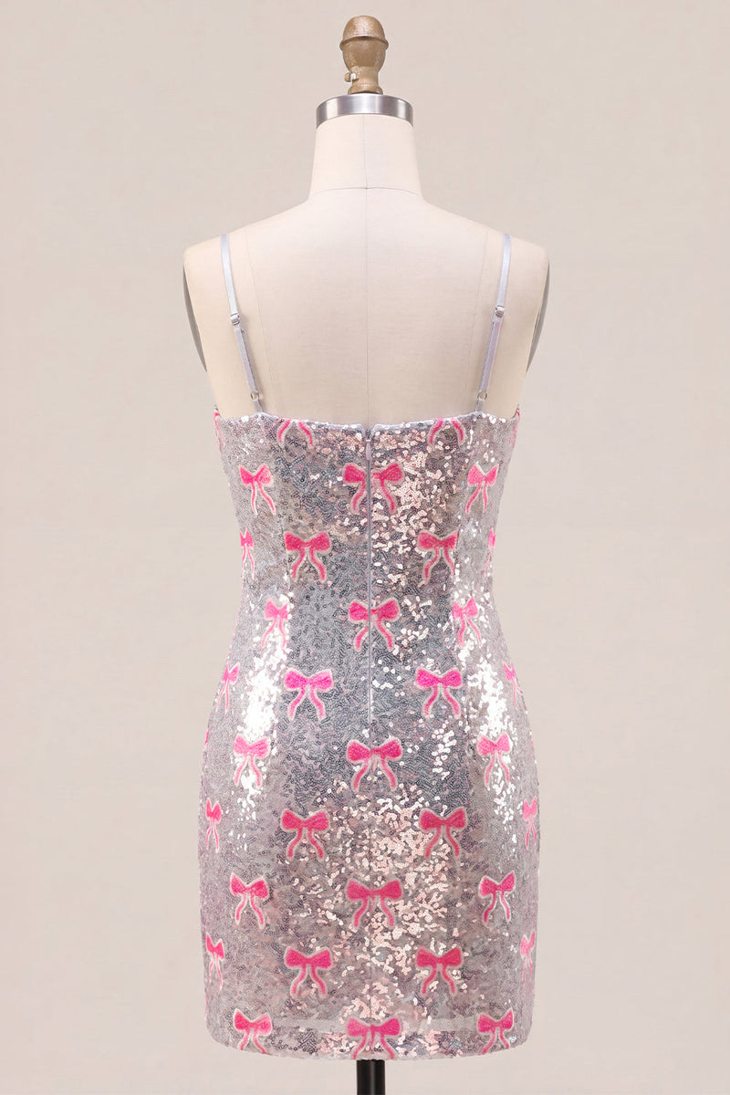 Laden Sie das Bild in den Galerie-Viewer, Glitzernde rosa Spaghettiträger, Pailletten, Bodycon Homecoming-Kleid mit Schleife