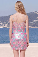 Laden Sie das Bild in den Galerie-Viewer, Glitzernde rosa Spaghettiträger, Pailletten, Bodycon Homecoming-Kleid mit Schleife