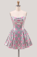 Laden Sie das Bild in den Galerie-Viewer, Glitzerndes pinkes A-Line-Trägerloses Pailletten-Homecoming-Kleid mit Schleife