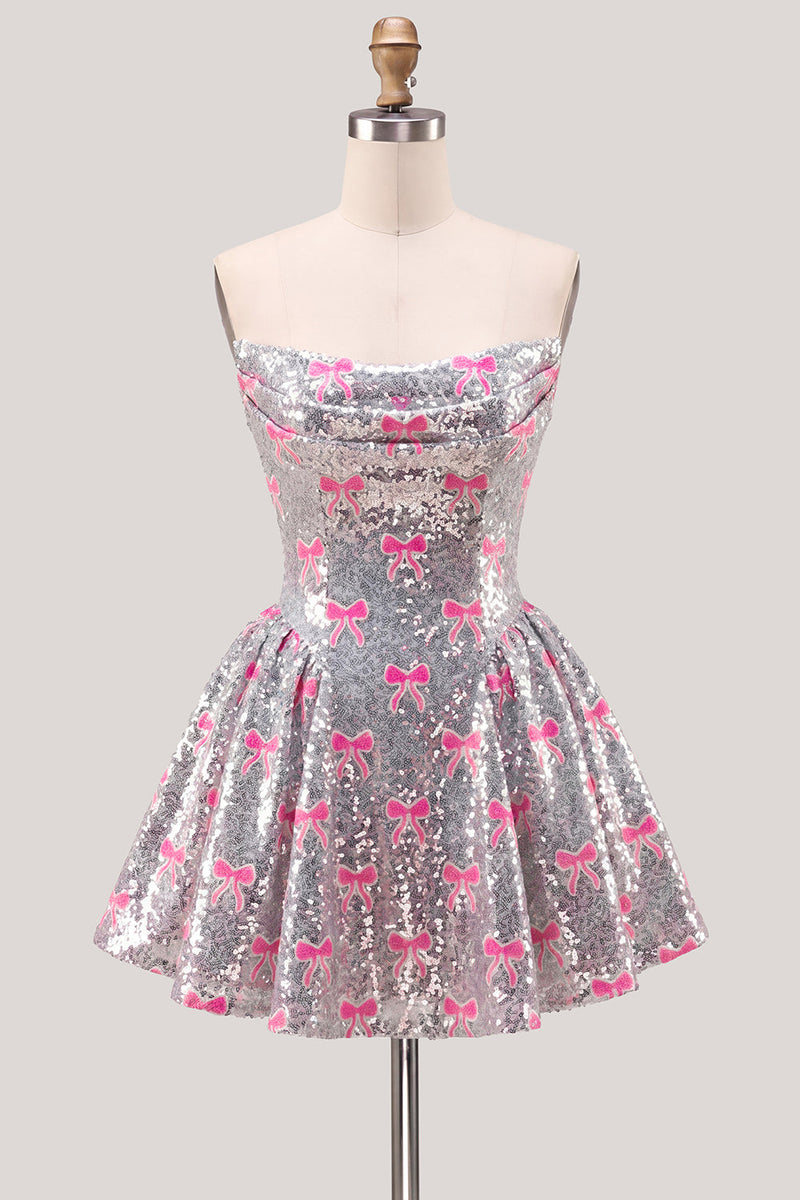 Laden Sie das Bild in den Galerie-Viewer, Glitzerndes pinkes A-Line-Trägerloses Pailletten-Homecoming-Kleid mit Schleife