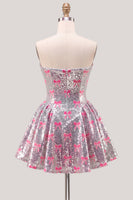 Laden Sie das Bild in den Galerie-Viewer, Glitzerndes pinkes A-Line-Trägerloses Pailletten-Homecoming-Kleid mit Schleife