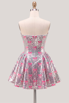 Glitzerndes Rosa A-Linie Trägerloses Pailletten Kurzes Abendkleid mit Schleife