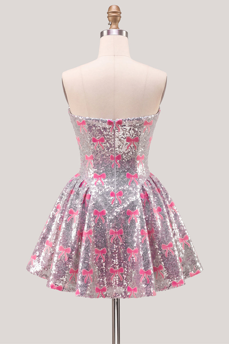 Laden Sie das Bild in den Galerie-Viewer, Glitzerndes pinkes A-Line-Trägerloses Pailletten-Homecoming-Kleid mit Schleife