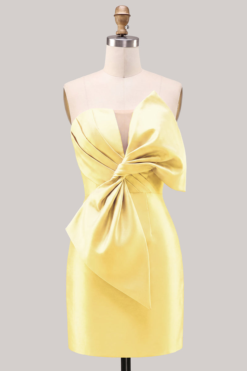 Laden Sie das Bild in den Galerie-Viewer, Blaues satinfarbenes, strapless gerafftes, enges Homecoming-Kleid mit Schleife