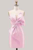 Laden Sie das Bild in den Galerie-Viewer, Blaues satinfarbenes, strapless gerafftes, enges Homecoming-Kleid mit Schleife