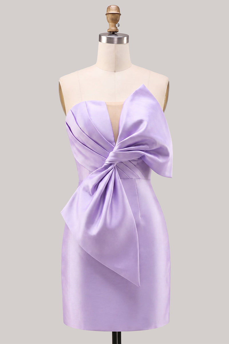 Laden Sie das Bild in den Galerie-Viewer, Blaues satinfarbenes, strapless gerafftes, enges Homecoming-Kleid mit Schleife
