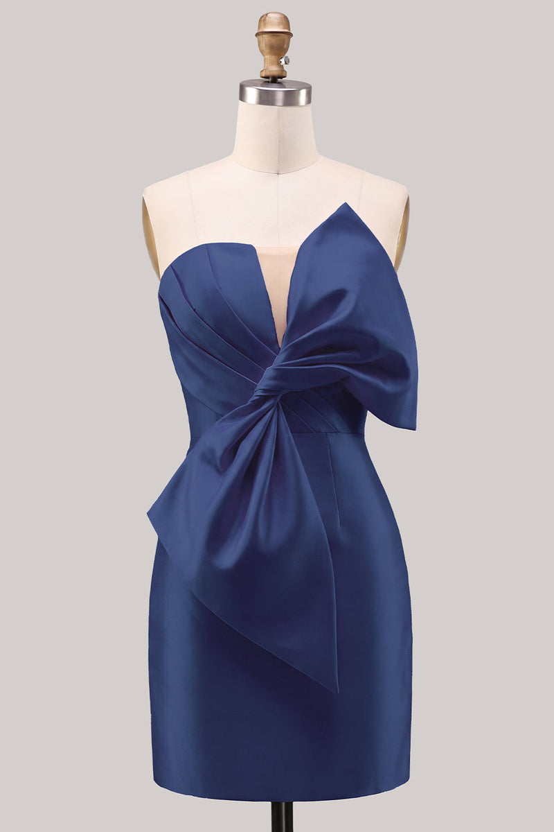 Laden Sie das Bild in den Galerie-Viewer, Blaues satinfarbenes, strapless gerafftes, enges Homecoming-Kleid mit Schleife