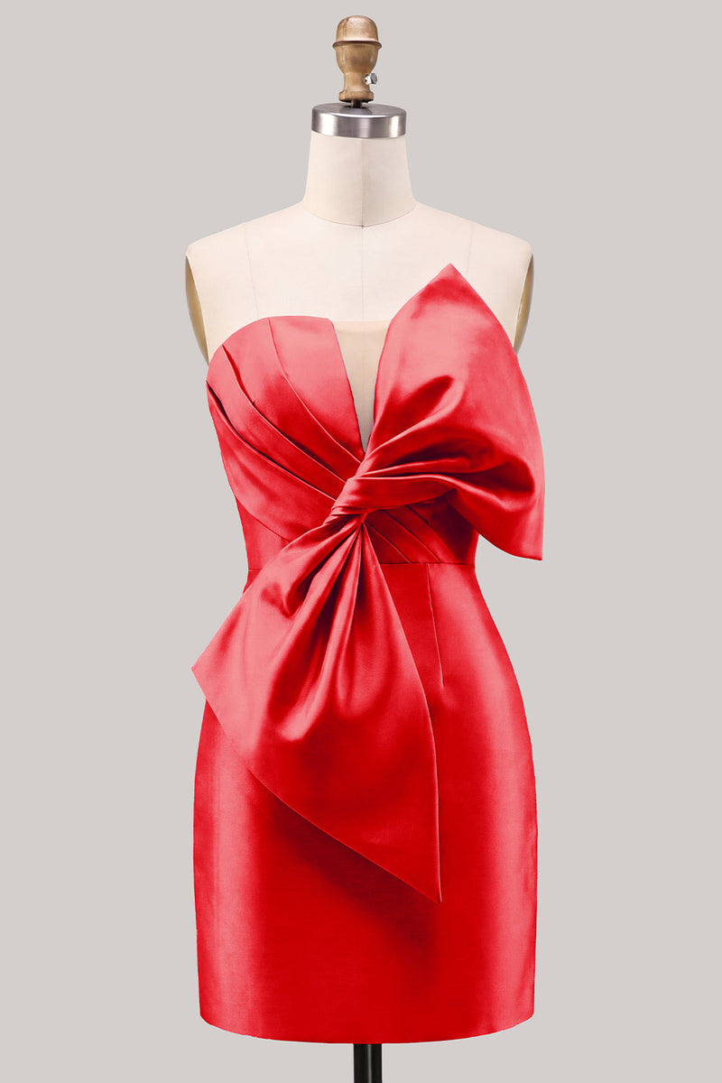 Laden Sie das Bild in den Galerie-Viewer, Blaues satinfarbenes, strapless gerafftes, enges Homecoming-Kleid mit Schleife