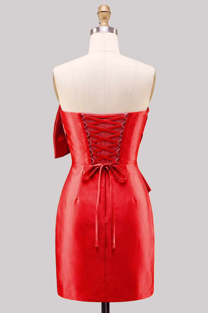 Laden Sie das Bild in den Galerie-Viewer, Blaues satinfarbenes, strapless gerafftes, enges Homecoming-Kleid mit Schleife