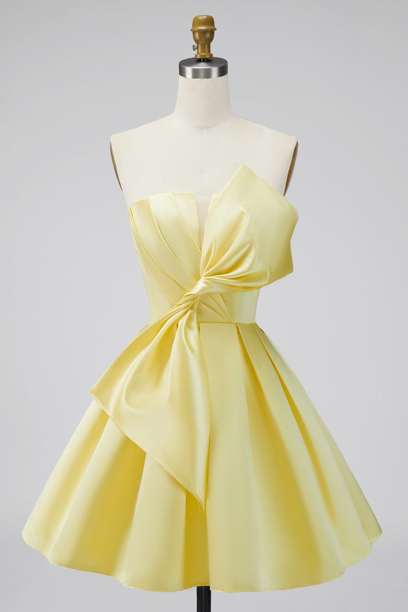 Laden Sie das Bild in den Galerie-Viewer, A-Linie Narzissen Satin Trägerloses Gerafftes Schnürung Kurzes Abendkleid mit Schleife