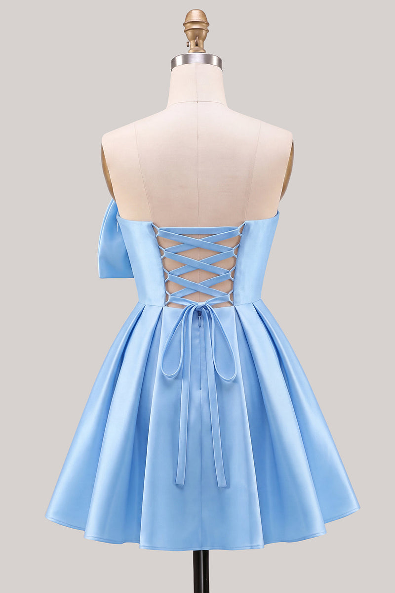 Laden Sie das Bild in den Galerie-Viewer, A-Linie Narzissen-Satin-Trägerloses, gerafftes Spitzen-Heimkehrkleid mit Schleife
