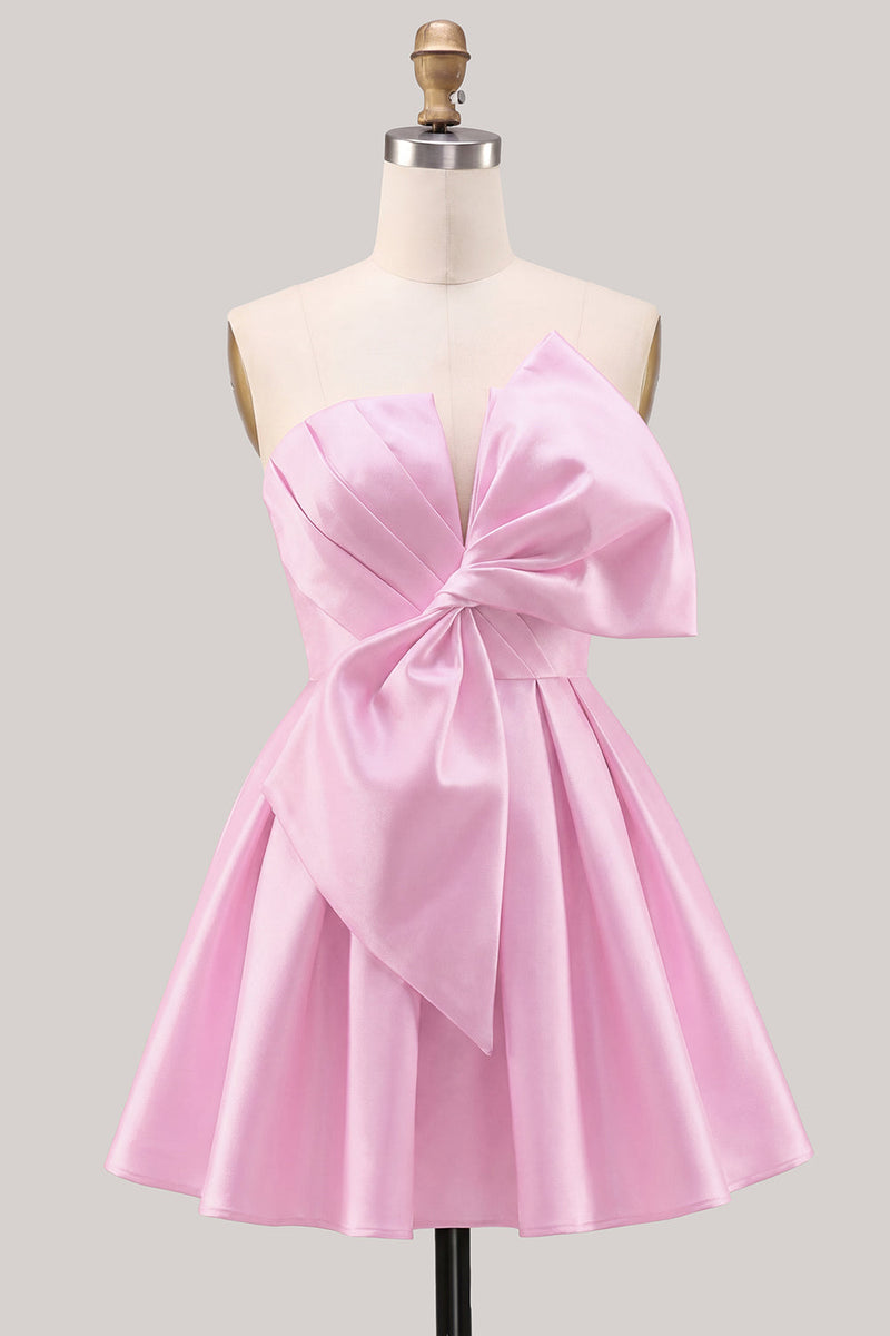 Laden Sie das Bild in den Galerie-Viewer, A-Linie Narzissen-Satin-Trägerloses, gerafftes Spitzen-Heimkehrkleid mit Schleife
