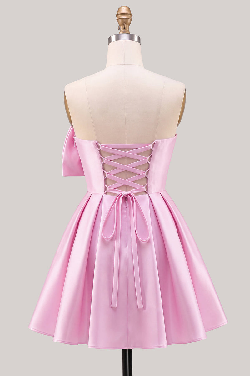 Laden Sie das Bild in den Galerie-Viewer, A-Linie Narzissen-Satin-Trägerloses, gerafftes Spitzen-Heimkehrkleid mit Schleife