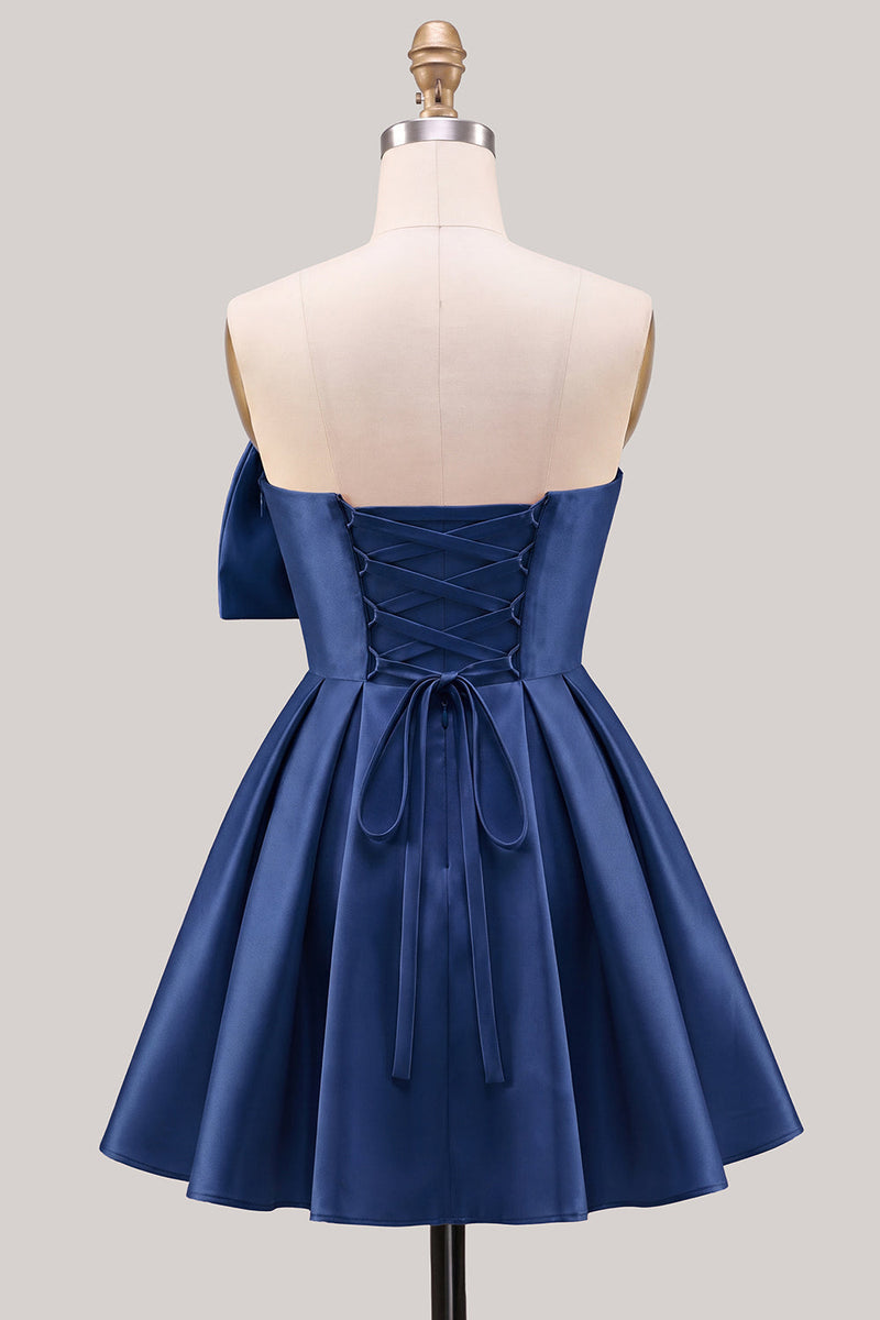 Laden Sie das Bild in den Galerie-Viewer, A-Linie Narzissen-Satin-Trägerloses, gerafftes Spitzen-Heimkehrkleid mit Schleife
