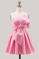 Laden Sie das Bild in den Galerie-Viewer, A-Linie Narzissen-Satin-Trägerloses, gerafftes Spitzen-Heimkehrkleid mit Schleife