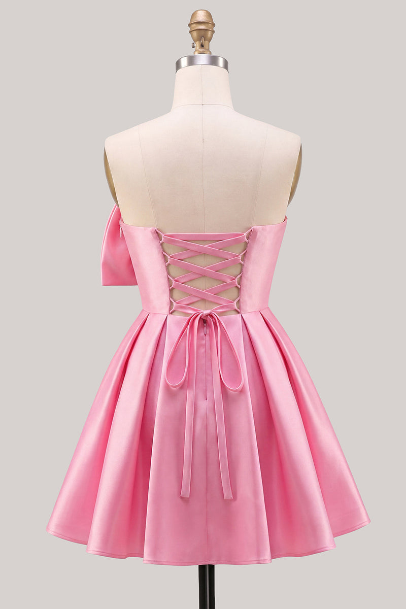 Laden Sie das Bild in den Galerie-Viewer, A-Linie Narzissen-Satin-Trägerloses, gerafftes Spitzen-Heimkehrkleid mit Schleife