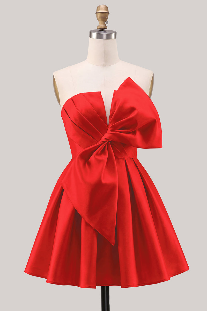 Laden Sie das Bild in den Galerie-Viewer, A-Linie Narzissen-Satin-Trägerloses, gerafftes Spitzen-Heimkehrkleid mit Schleife
