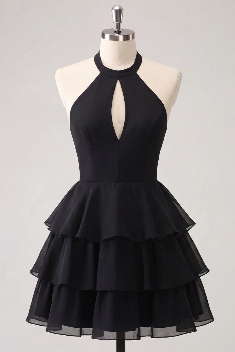 Laden Sie das Bild in den Galerie-Viewer, Blaue Blume A-Linie Neckholder-Halsausschnitt Chiffon Homecoming-Kleid