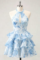 Laden Sie das Bild in den Galerie-Viewer, Blaue Blume A-Linie Neckholder-Halsausschnitt Chiffon Homecoming-Kleid
