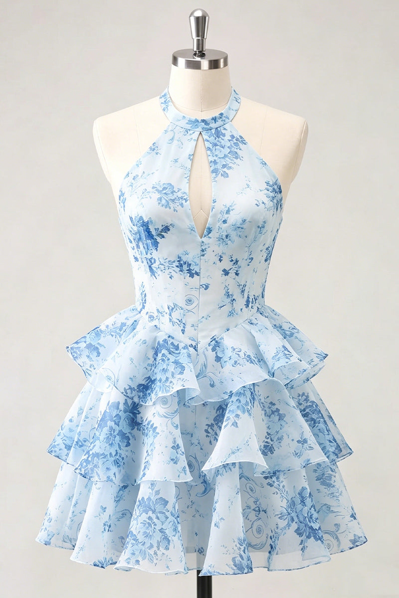 Laden Sie das Bild in den Galerie-Viewer, Blaue Blume A-Linie Neckholder-Halsausschnitt Chiffon Homecoming-Kleid