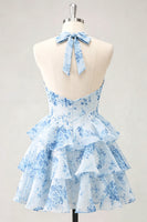 Laden Sie das Bild in den Galerie-Viewer, Blaue Blume A-Linie Neckholder-Halsausschnitt Chiffon Homecoming-Kleid