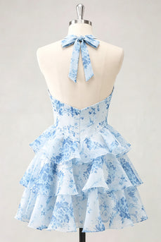 Blaue Blume A-Linie Neckholder Chiffon Kurzes Abendkleid