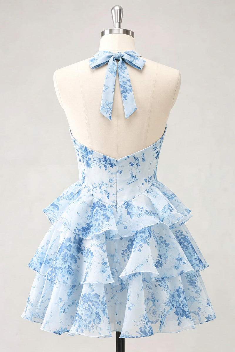 Laden Sie das Bild in den Galerie-Viewer, Blaue Blume A-Linie Neckholder-Halsausschnitt Chiffon Homecoming-Kleid