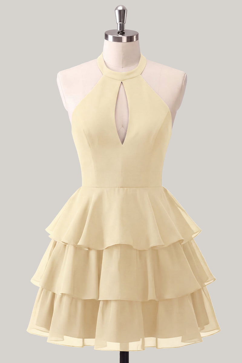Laden Sie das Bild in den Galerie-Viewer, Blaue Blume A-Linie Neckholder-Halsausschnitt Chiffon Homecoming-Kleid