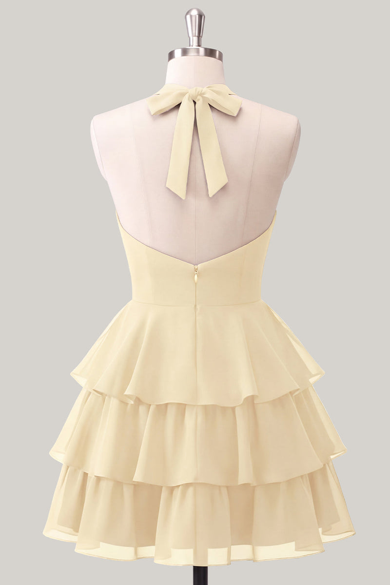 Laden Sie das Bild in den Galerie-Viewer, Blaue Blume A-Linie Neckholder-Halsausschnitt Chiffon Homecoming-Kleid