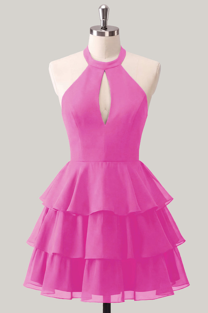 Laden Sie das Bild in den Galerie-Viewer, Blaue Blume A-Linie Neckholder-Halsausschnitt Chiffon Homecoming-Kleid