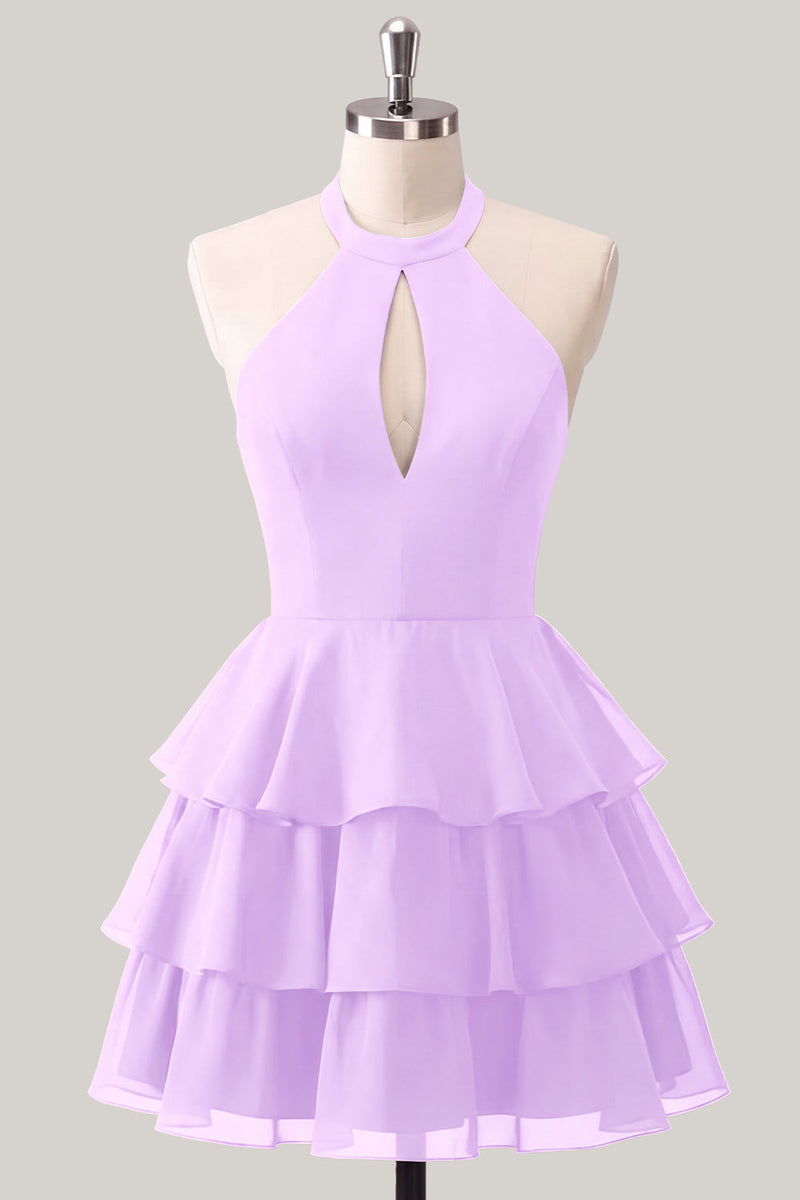Laden Sie das Bild in den Galerie-Viewer, Blaue Blume A-Linie Neckholder-Halsausschnitt Chiffon Homecoming-Kleid